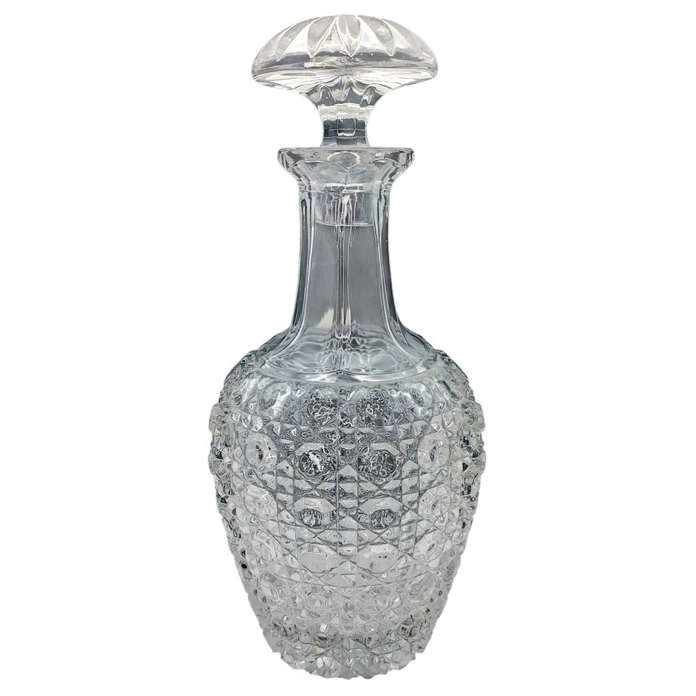 Vintage Pressed Glass Decanter Button and Cane Windsor Pattern 11 Inches Tall